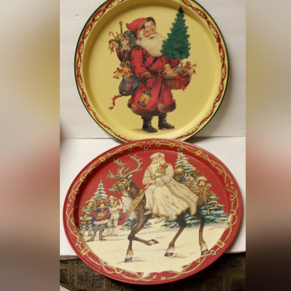 2 Vtge Christmas Metal Tin Trays Santa Tree Wise Man & Camel Potpourri Press 13"